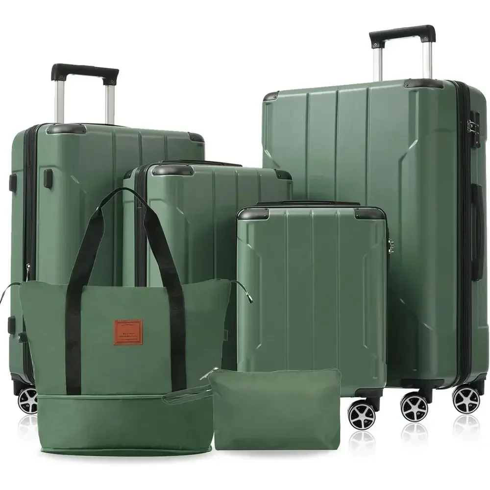 Expandable Hard Shell Luggage Set - 6点セットの拡張可能なハードシェルスーツケース。ダブルホイール、TSAロック付き。男性にも女性にも適したデザイン。色はグリーン。