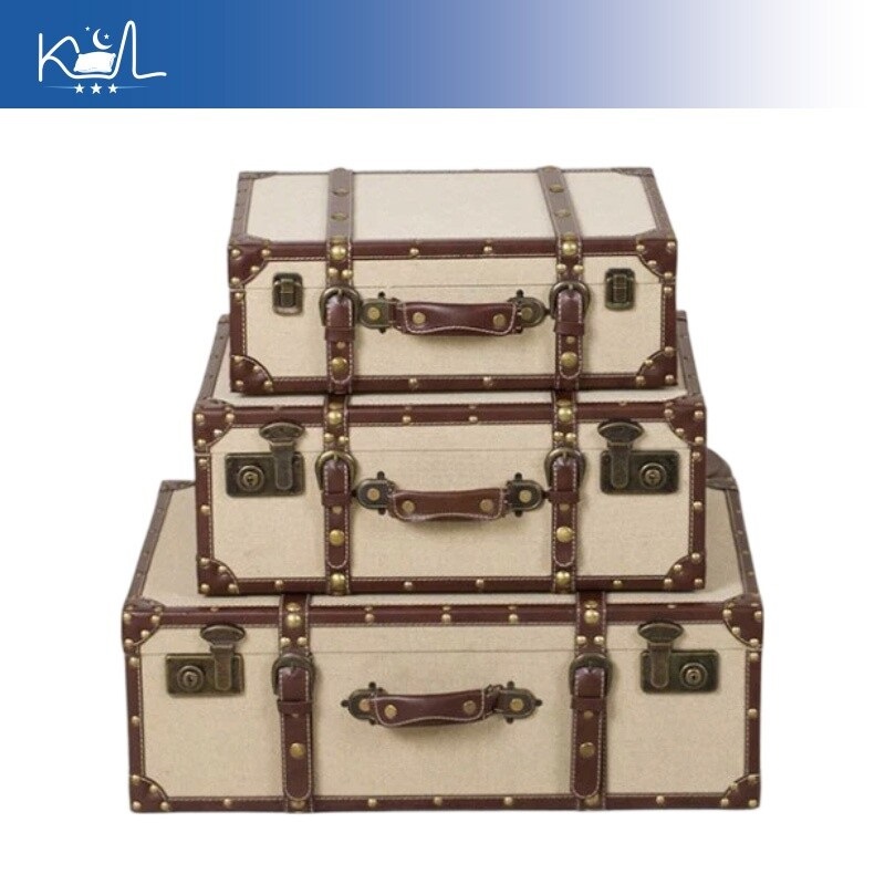 Retro Vintage Trunk Suitcase - ヴィンテージリネン生地収納トランク、アンティーク調大容量ハンドヘルド装飾スーツケース、家庭用ディスプレイ用レトロ収納ボックス