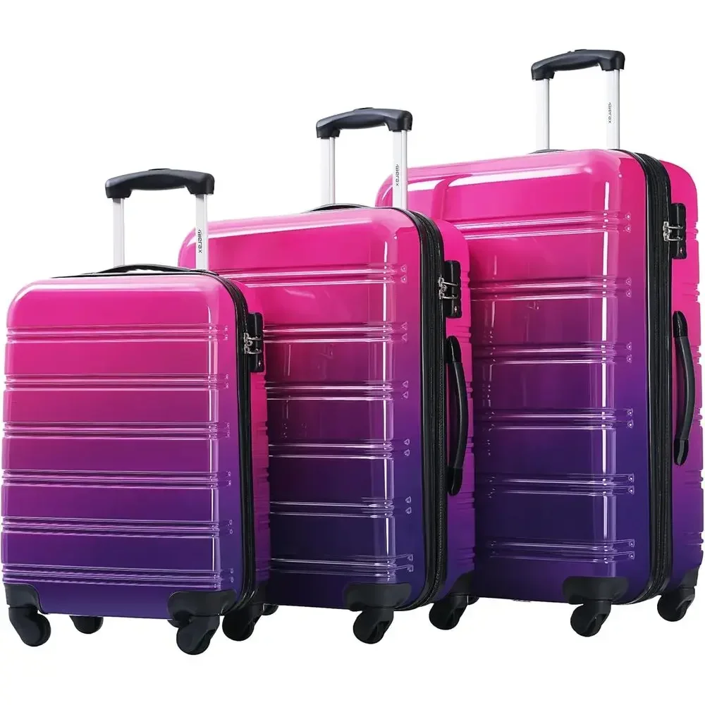 Expandable Hard Shell Luggage Set - 3点セットのハードシェルスーツケース。360度回転可能なキャスター、拡張可能なグラデーションカラー、TSAロック付き。軽量で、20インチ、24インチ、28インチの3サイズ。パープルとピンク。