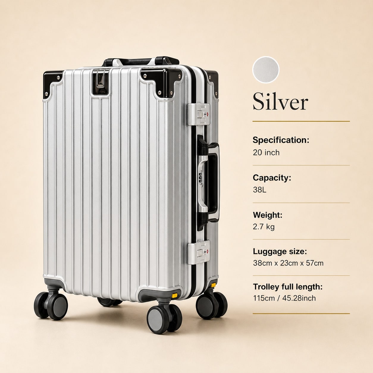 Cabin Size Lightweight Travel Trolley - 20インチの機内持ち込み可能なスーツケース。航空会社が認めるPC製ハードシェル素材で、頑丈なアルミニウムフレームを使用。360度回転可能。 ° 滑らかな回転が可能なキャスター、内蔵のカップホルダー、軽量で持ち運びやすい旅行用トローリースーツケース。男性にも女性にも最適。ビジネス旅行や週末旅行に最適な、機内持ち込み可能なサイズ。