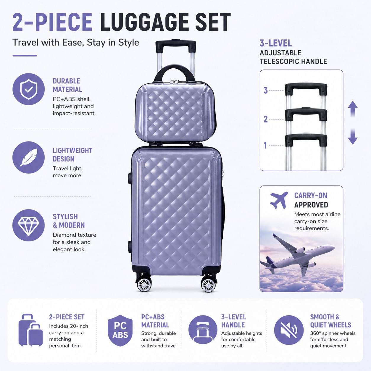 Cabin Size Lightweight Travel Trolley - 2個入りのキャリーオンスーツケースセット。20インチのPC+ABS製ハードシェルスーツケースと、12インチのメイクアップ用トランクケースが付属。軽量で、機内持ち込み可能なサイズのキャスター付きトローリー。360度回転。 ° スムーズな回転を実現するキャスター、TSA（運輸保安庁）の規定に適合したロック、男性・女性向けの航空会社承認済み旅行用スーツケース。休暇旅行に最適。