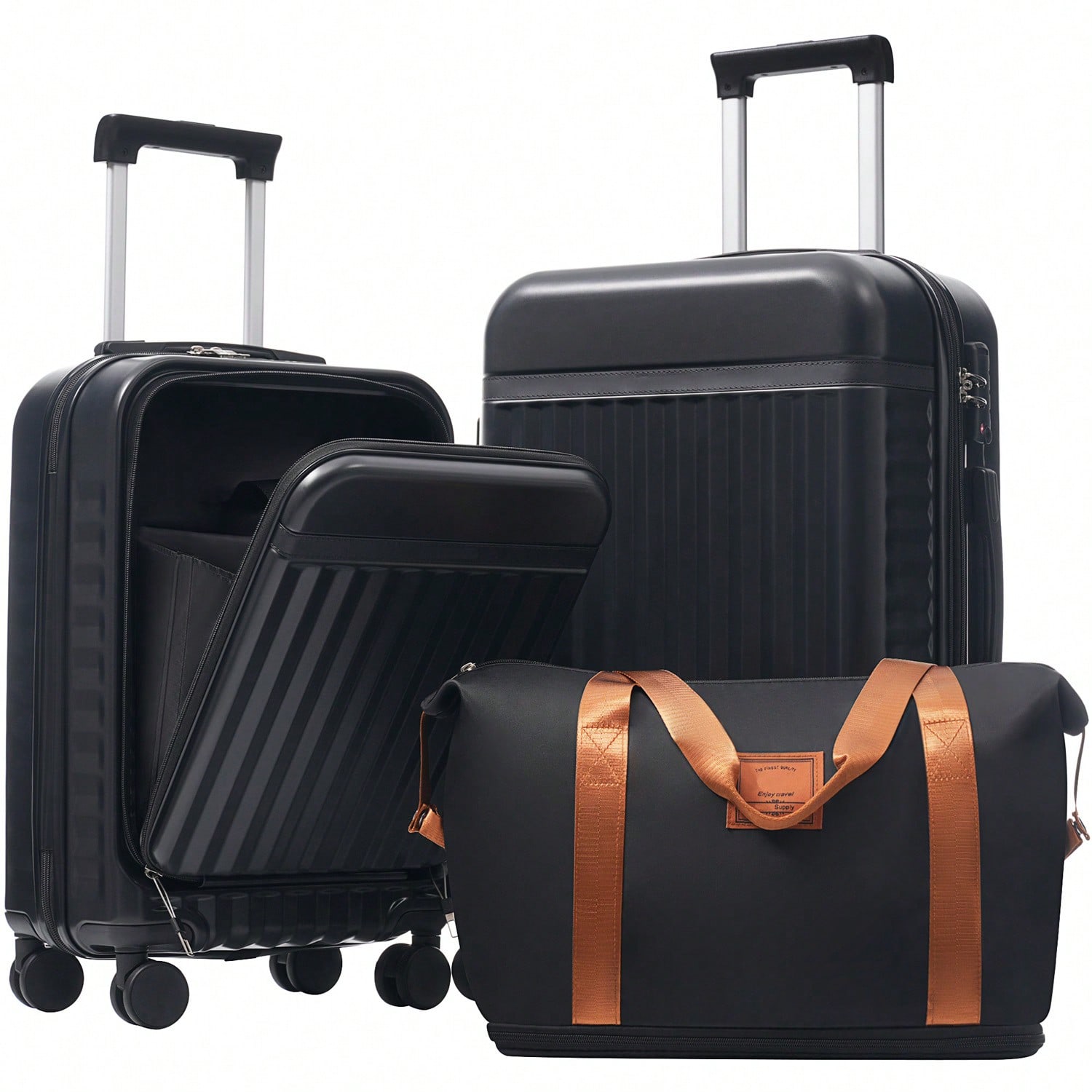 Expandable Hard Shell Luggage Set - 3点セットの前面開閉式ハードシェルスーツケース。USBポート付きで拡張可能なキャリーオンサイズ。TSAロック付き。360度回転可能。 ° スピナーホイールとボーナスのハンドルバッグ付き。ビジネス、休暇、一泊旅行に最適な、軽量で頑丈なハードシェルキャリーケース。