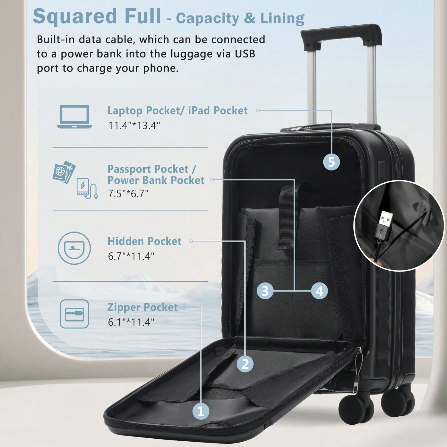 3点セットの前面開閉式ハードシェルスーツケース。USBポート - Expandable Hard Shell Luggage Set のレビューと価格